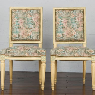 Antique French Louis XVI Style Square Back Painted Side Chairs W/ Floral Fabric - A Pair 