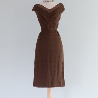 Vintage 1950's Cocoa Silk Chiffon Tiered Cocktail Dress By Ira Rentner / Small