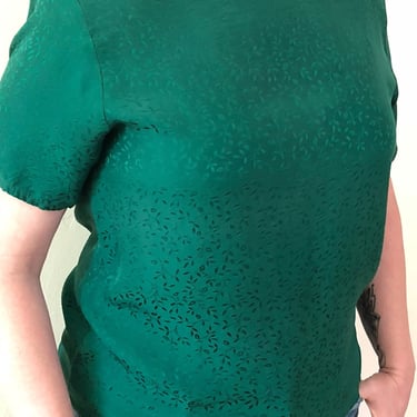 emerald vine 90s blouse / 90s top / vintage brocade blouse / vine pattern top / vintage blouse / 90s blouse - size 6, size 8 