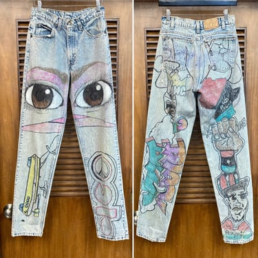 Vintage 1980’s Levi’s Artwork Eyeball Hip Hop Denim Painted Jeans, w27, 80’s Orange Tabs, Vintage Clothing 