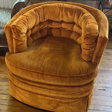 Low Barrell Back Velvet Orange Tufted Swivel Chair