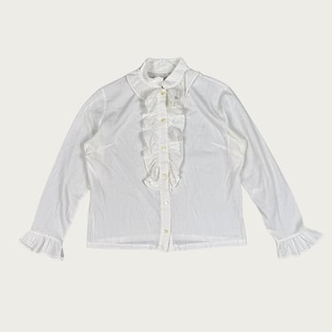 (L) 70s/80s White/Cream Polka Dot Ruffle Blouse