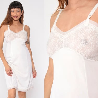70s White Slip Dress Lace Trim Lingerie Nightgown Mini Nightie Nylon Empire Waist Knee Length Vintage 1970s Medium 36 