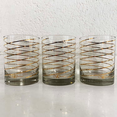 Vintage Gold Glasses Set of 3 Rocks Old Fashioned Spiral Barware Bar MCM Mad Men Mid Century Whiskey Glass Swirl Kraftware 1970s 