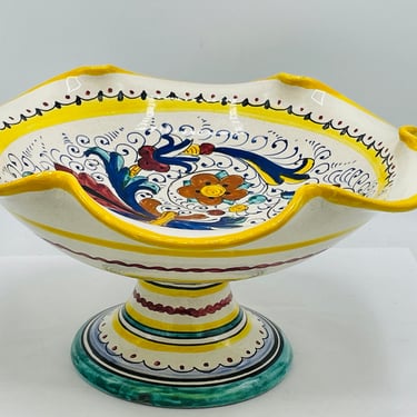 Deruta Floral Hand Painted Italian Art Pottery Ceramic Pedestal Bowl Vintage 9.5” Ricco Pattern 