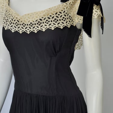 vintage 1930s 40s black sheer maxi party dress w/ eyelet lace trim XS/S 