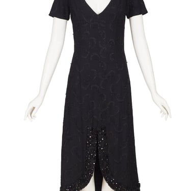 1960s Vintage Beaded Black Crepe Low Neck Evening Dress Sz XS S 