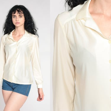 Cream Button Up Shirt 70s 80s Blouse Vintage Plain Top Simple Collared Shirt 1980s Retro Long Sleeve Silky Nylon Medium 