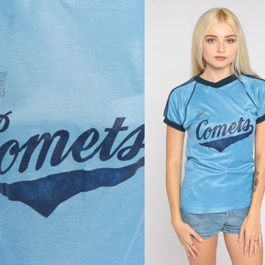 Kansas City Comets Shirt 80s Soccer Jersey Blue Raglan Sleeve Tee Retro Union Jacks Graphic Sports T-Shirt Ringer Vintage 1980s Small S 