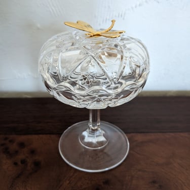 Vintage Glass Pedestal Jewelry Dish with Gold Dragonfly 