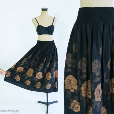 1990s Black & Bronze Floral Print Skirt | 90s Black Evening Skirt | Coldwater Creek | Medium 