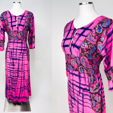 1990s Pink & Purple Tie Dye Kaleidoscope Dress by Batik Kaf-ana Medium | Vintage, 1970s, Pockets, Unique, Patchwork, Summer, Hippie, Gypsy 