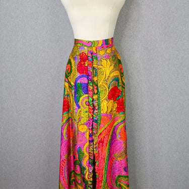 1970s Psychedelic Print Maxi Skirt - Ruffle Skirt - High Waist - Personal by Leslie Fay - Retro, Groovy - Gem Tones 