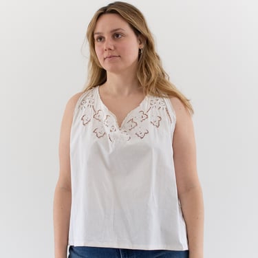 Vintage White Romantic Butterfly Eyelet Shirt | Mended Antique Cotton Tank Top | S M | 