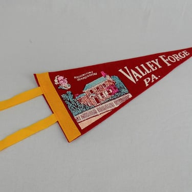 Vintage Small Valley Forge Pennant - George Washington's Headquarters - Pennsylvania Tourist Souvenir - Dark Red Felt Yellow Ties - 11