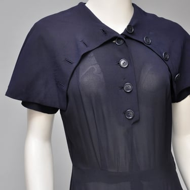 1940s navy  blue dress with capelette and buttons M 
