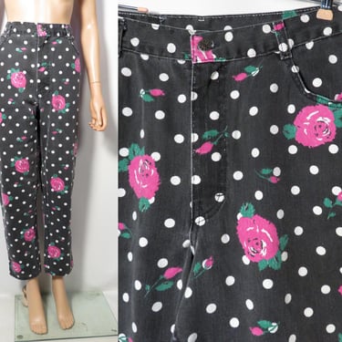 Vintage 80s/90s Polka Dot Rose Print High Waist Tapered Leg Jeans Made In USA Size 30 x 28 