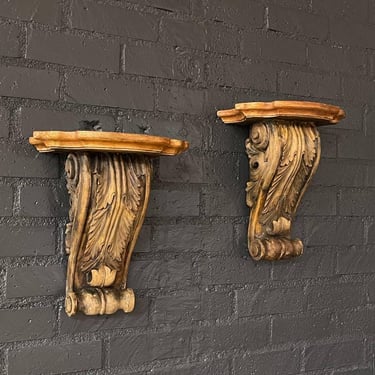 Pair of Classical Italian Painted & Carved Wood Wall Brackets, c.1940’s 