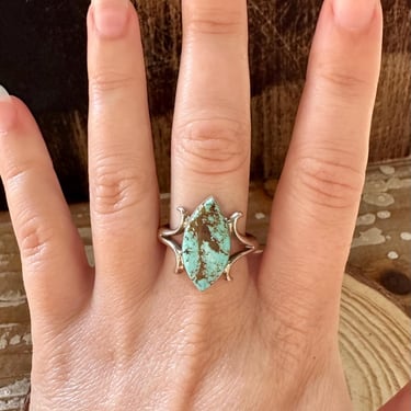 LARRY CASTILLO Sterling Silver and Turquoise Pointed Oval Ring | Handmade Jewelry, Native American Navajo | Size 9.5 