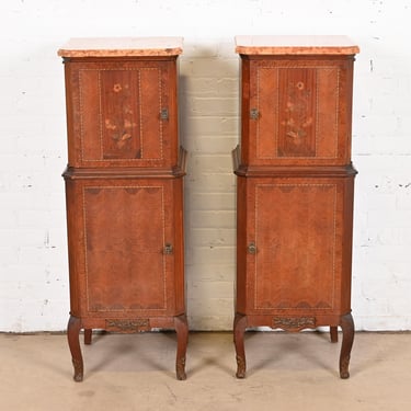 French Louis XV Kingwood Inlaid Marquetry Marble Top Lingerie Chests, Pair