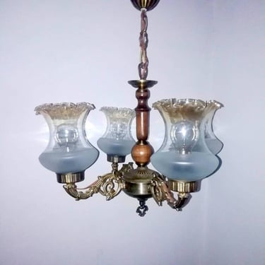 Vintage Pendant Light/ Ceiling Lamp/ Four  Arms  Messing Chandelier/Four Bulb Shades/ Yugoslavia/ 70s 