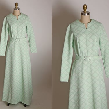 Late 1960s Early 1970s Mint Green and Silver Lurex Long Sleeve Double Knit Full Length Belted Formal Cocktail Dress -S 
