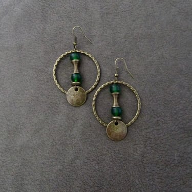 Hammered bronze earrings, hoop earrings, frosted glass earrings, industrial earrings, unique statement earrings, green earrings, rustic 