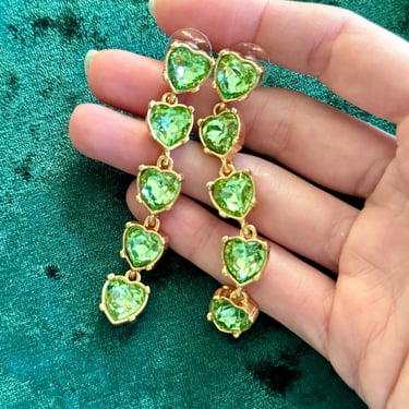 Oscar de la Renta Green Crystal Heart Dangle Earrings