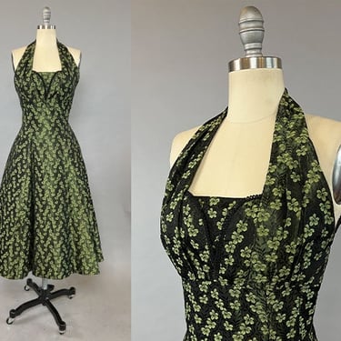 1950s Halter Dress / 1950s Party Dress / Green Brocade Cocktail Dress / 1950s Fit and Flare / Size Medium 