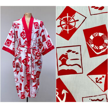 Vintage 1980s Bill Blass Cotton Nautical Print Robe, 80s Designer Summer Robe, One Size Unisex 