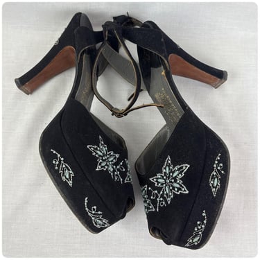 Vintage 1940s Black Embellished Peeptoe Platform Heels - Designer 40s Glam Shoes - Size 7.5 