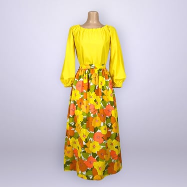VINTAGE 70s Two Piece Maxi Skirt and Blouse Set Thompson of California Fabric | 1970s Handmade Balloon Sleeve Off Shoulder Top Outfit | VGF 