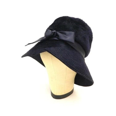 1960's Cloche Hat | Navy Blue Faux Fur | Flapper Style |  Boho Floppy Brim 