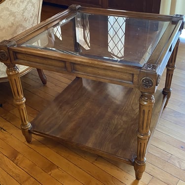 Square Wooden Side Table w Carved Wood Flower