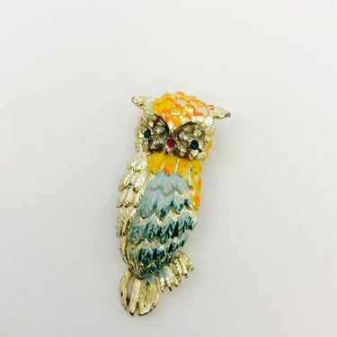 Vtg Colorful Owl Brooch Colorful Rainbow Bird Pin Stately Wise Old Owl Vintage Orange Teal Green Metal Emerald Green Gemstone Eyes Lapel Pin 
