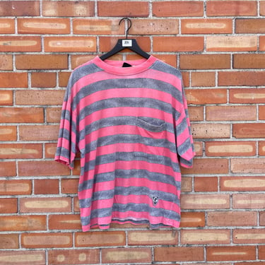 vintage 90s pink and grey striped single stitch oversized surf tee / m medium 