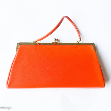 1960s Orange Handbag | 60s Orange Purse | Faux Leather Clutch 