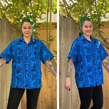 Vintage 1960’s Blue Hawaiian Shirt with Gold Detail 