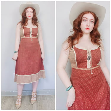 1970s Vintage Brown Cotton Calico Prairie Dress / 70s Gunne Style Lace Up Corset Sundress / Size Large 