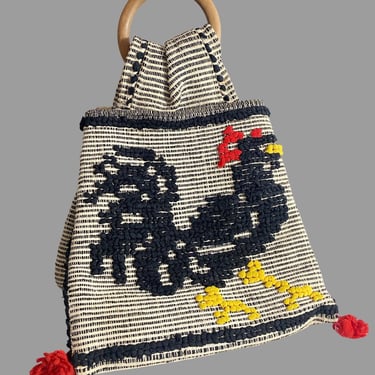 whimsical woven rooster tote, folklore shopper bag, wood handle & tassels 