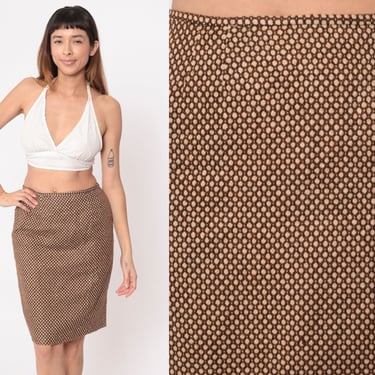 Brown Knit Skirt 90s Polka Dot Textured Tessalation Print High Waisted Kick Pleat Knee Length Skirt Retro Vintage 1990s Small 6P Petite 