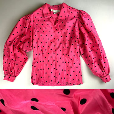 Vintage 80s Hot Pink and Black Felt Polka Dot Exaggerated Sleeve Blouse Size Large 