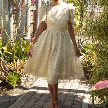 Vintage Cream Sequin Tulle Dress by Lillie Rubin / Puffy Sleeves / Wedding Dress / Rehearsal Dinner Dress / Elegant Cocktail Dress 