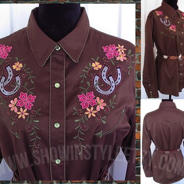 Vintage Retro Women's Cowgirl Shirt by Panhandle Slim, Rodeo Queen, Embroidered Horseshoes & Pink Flowers, Size XLarge (see meas. photo) 