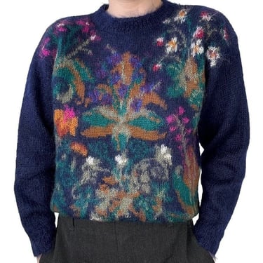 Vintage 1980s Floral Mohair Blend Cottagcore Fluffy Crewneck Sweater Sz S 