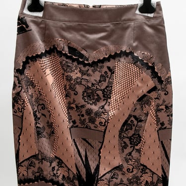 Vintage Christian Dior Galliano 2006 Runway Designer Black and Nude Leather Lace Trompe l’oeil Print Skirt 