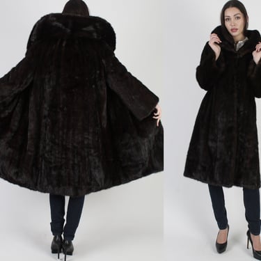 1960s Plush Espresso Mink Coat XL / Preppy Minimalist Mahogany Mink Fur Jacket / Darkest Brown Womens Mid Length Winter Overcoat 