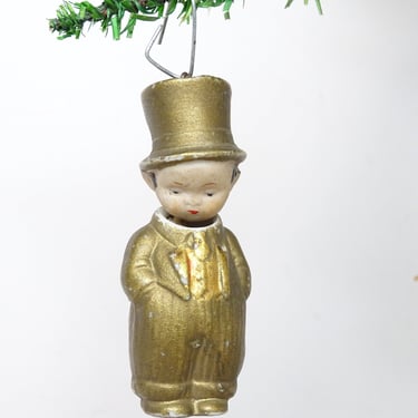 Antique 1930's German Bisque Nodder Ornament,  Vintage Man with Top Hat, Hand Painted Porcelain Doll Toy 