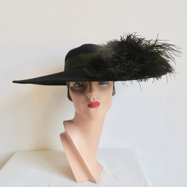 1950's Black Felt Very wide Brim Hat Ostrich Feather Plumes Grosgrain Ribbon Trim Formal Fall Winter 50's Millinery Size 22 