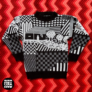 Fun Vintage 80s Black White Abstract Landscape Novelty Print Sweater 